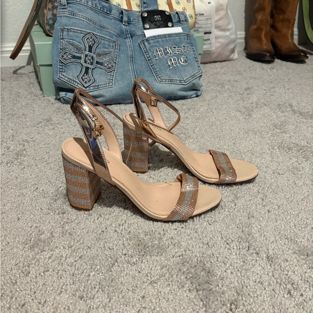 Aldo Shimmering Silver and Tan Block Heels